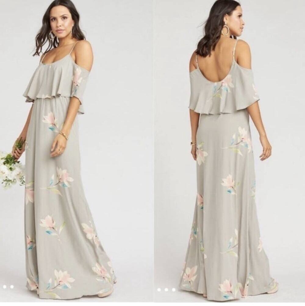 NWT Show Me Your Mumu Caitlin Ruffle Maxi Dress Lily Showers Floral Small Gray